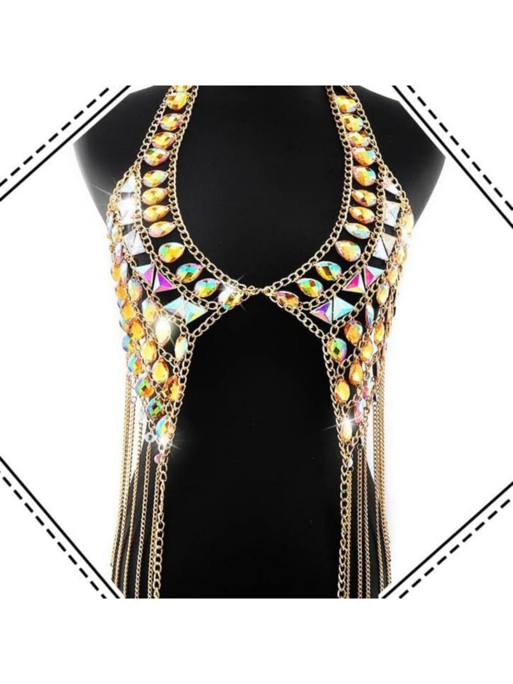 Sparkly Gold Rhinestone Body Chain - Sexy Bra Top for Rave, Bikini & Nightclub